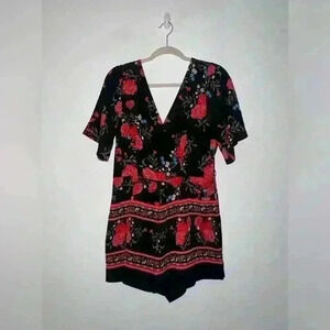 Large Floral Romper Summer Black Red Rose, Mi Ami